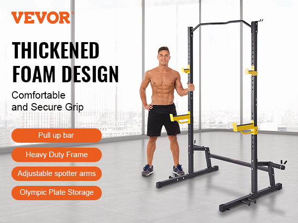 VEVOR power rack with pull-up bar, thickened foam design, adjustable spotter arms, and olympic plate storage.