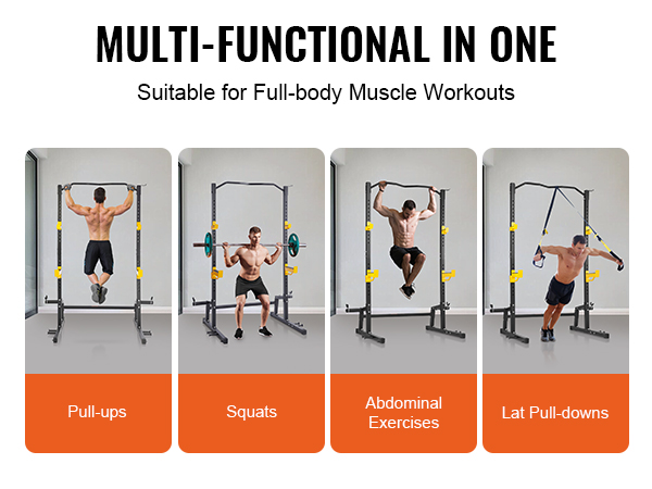 multi-functional VEVOR power rack showcasing pull-ups, squats, abdominal exercises, and lat pull-downs.