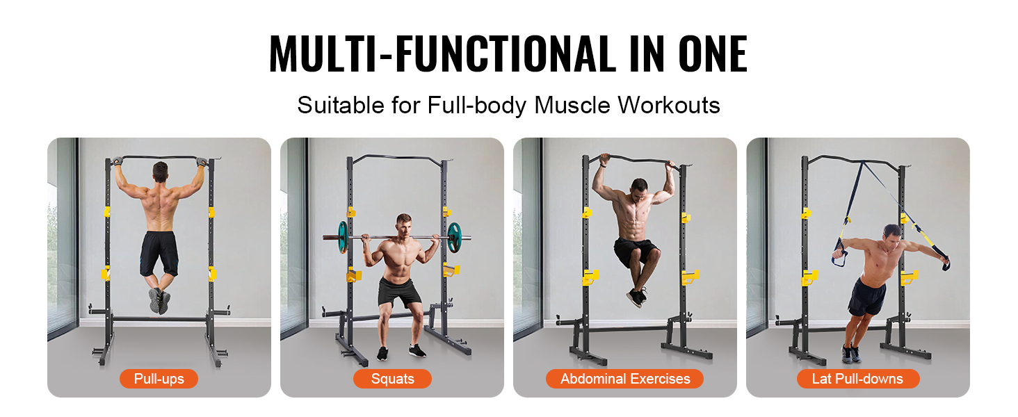 multi-functional VEVOR power rack showcasing pull-ups, squats, abdominal exercises, and lat pull-downs.