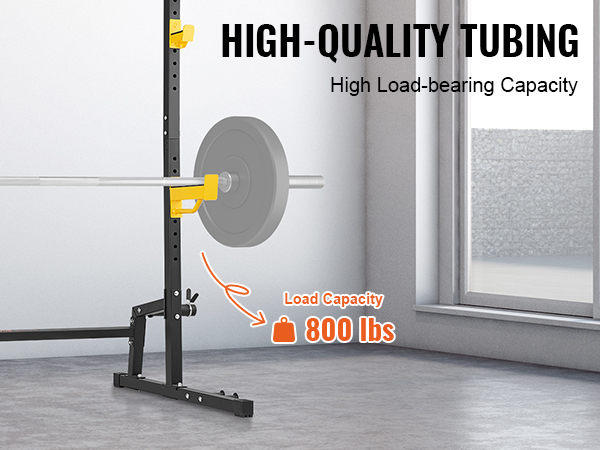 VEVOR power rack with high-quality tubing and 800 lbs load capacity in a bright, modern gym space.