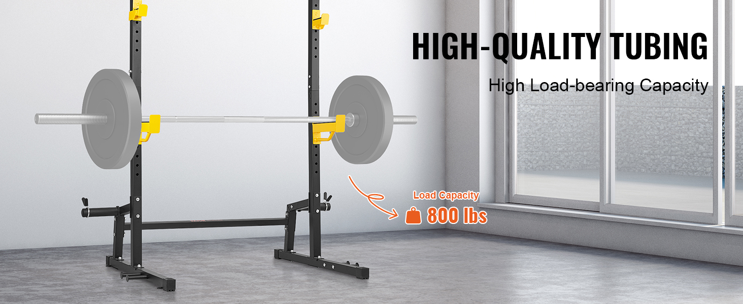 VEVOR power rack with high-quality tubing and 800 lbs load capacity in a bright, modern gym space.