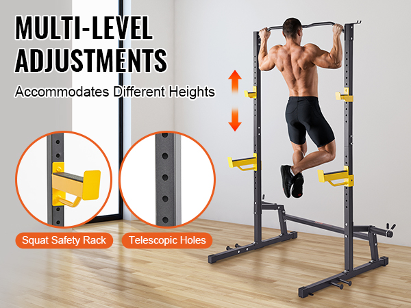 VEVOR power rack with multi-level adjustments, squat safety rack, and telescopic holes for pull-ups.
