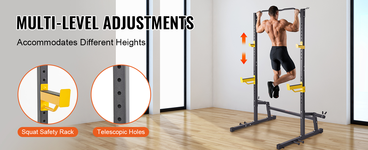 VEVOR power rack with multi-level adjustments, squat safety rack, and telescopic holes for pull-ups.