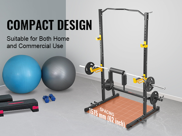 VEVOR power rack in compact home gym setup with yoga ball, dumbbells, and aerobic steps.