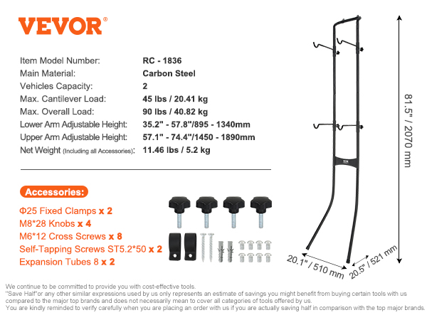 VEVOR bike storage rack with carbon steel frame, 2-bike capacity, 90 lbs load, and adjustable arms.
