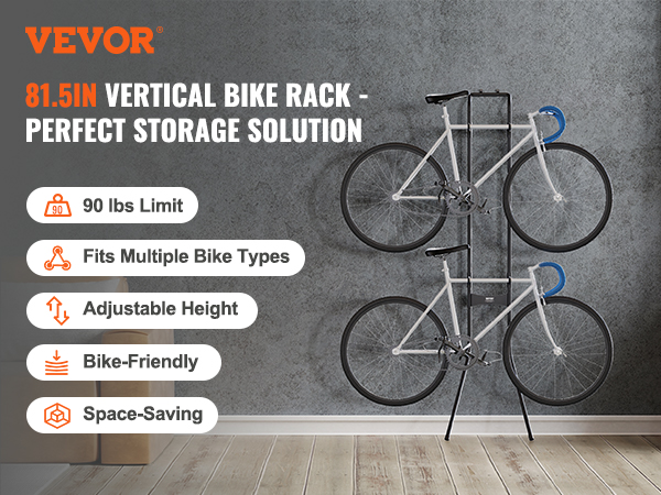 VEVOR bike storage rack holding two bicycles, showcasing space-saving and adjustable height features.