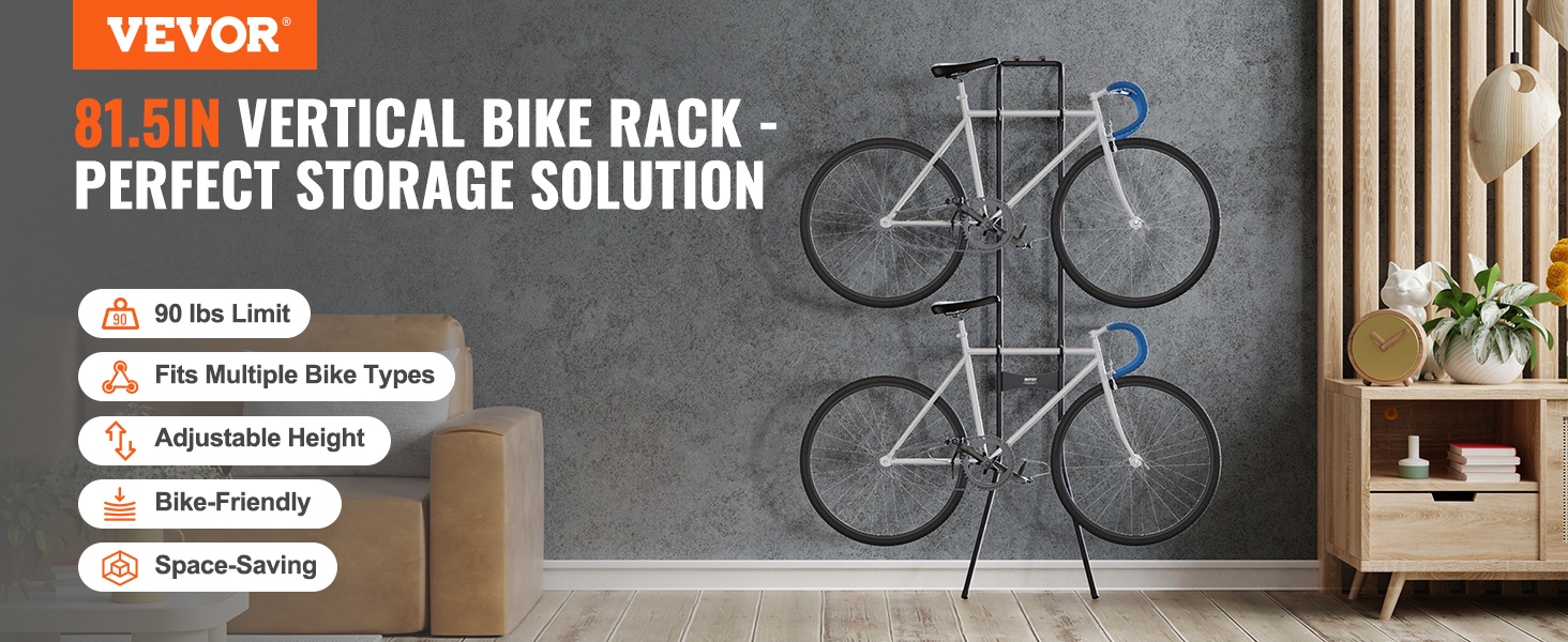 VEVOR bike storage rack holding two bicycles, showcasing space-saving and adjustable height features.