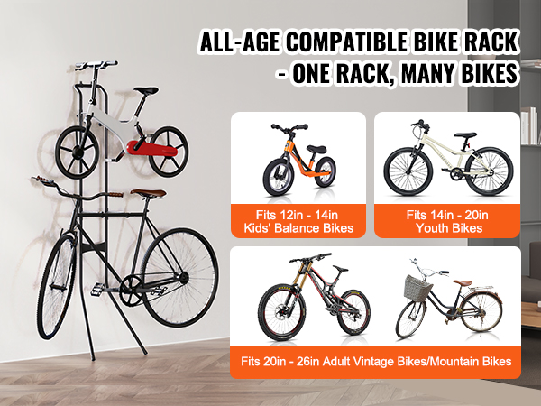 wall-mounted VEVOR bike storage rack holding various bicycle sizes for all ages, compatible with balance, youth, and adult bikes.