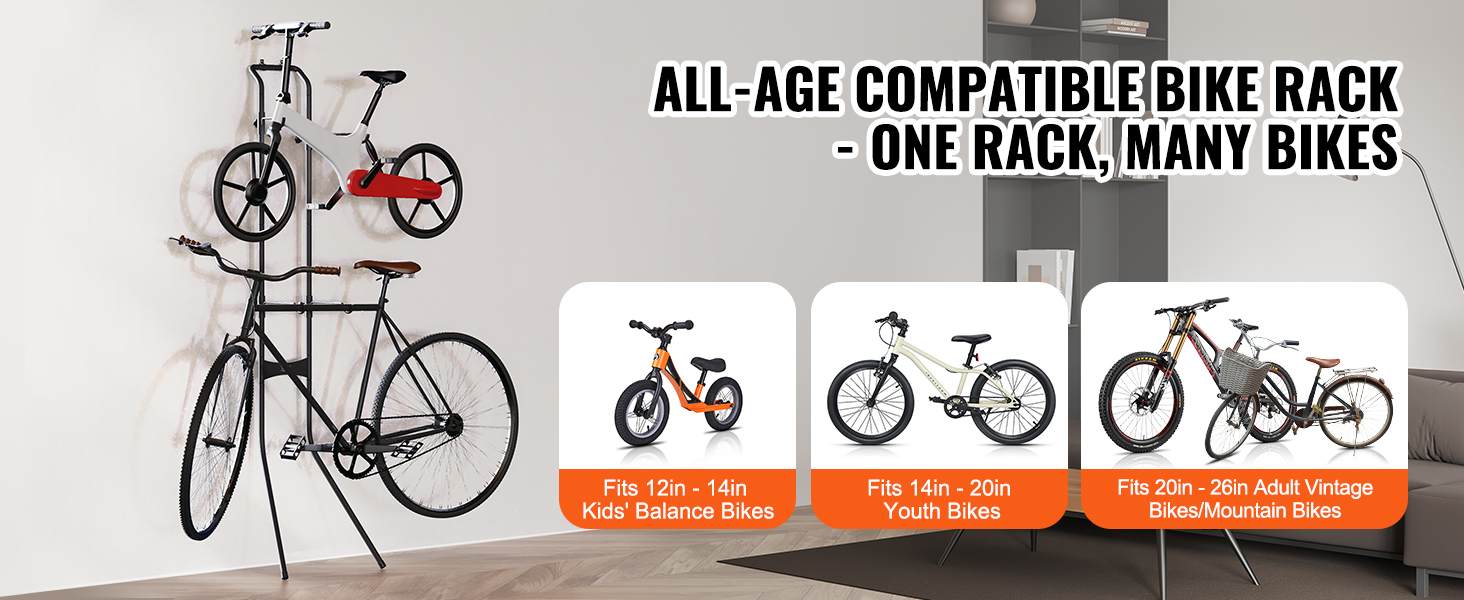 wall-mounted VEVOR bike storage rack holding various bicycle sizes for all ages, compatible with balance, youth, and adult bikes.