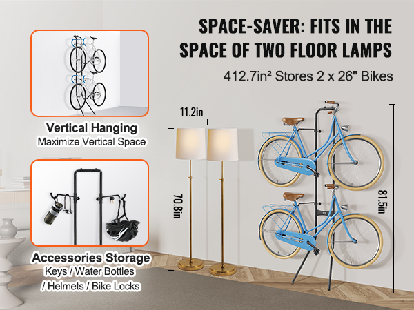 VEVOR bike storage rack showcasing vertical hanging and accessories storage, fits in space of two floor lamps.
