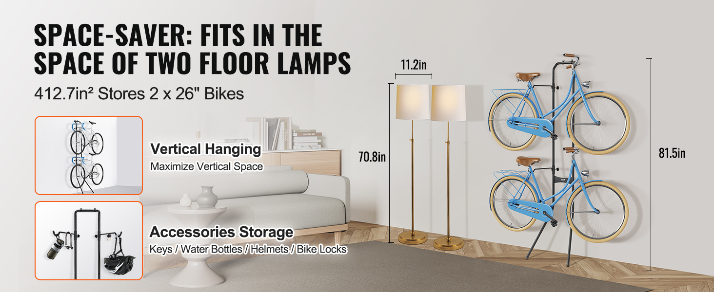 VEVOR bike storage rack showcasing vertical hanging and accessories storage, fits in space of two floor lamps.
