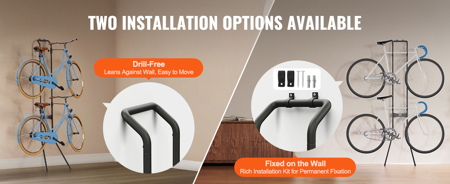 two installation options for VEVOR bike storage rack: drill-free leaning or fixed on the wall with screws.