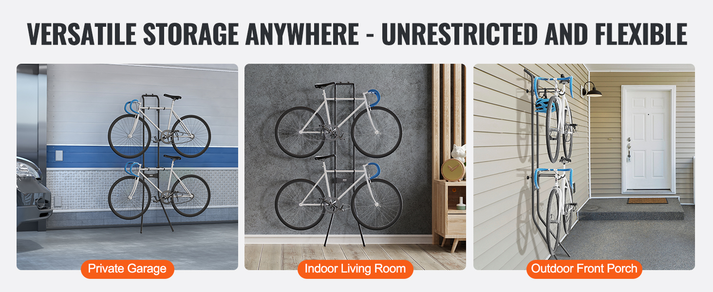VEVOR bike storage rack for private garage, indoor living room, and outdoor front porch storage.