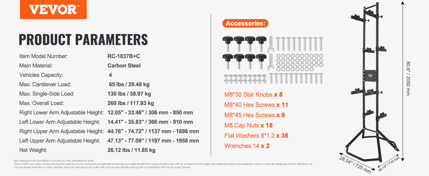 VEVOR bike storage rack product parameters showing carbon steel, 4-bike capacity, and included accessories.