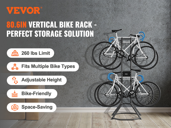 VEVOR bike storage rack, vertical bike rack holding two bikes in a modern living space.