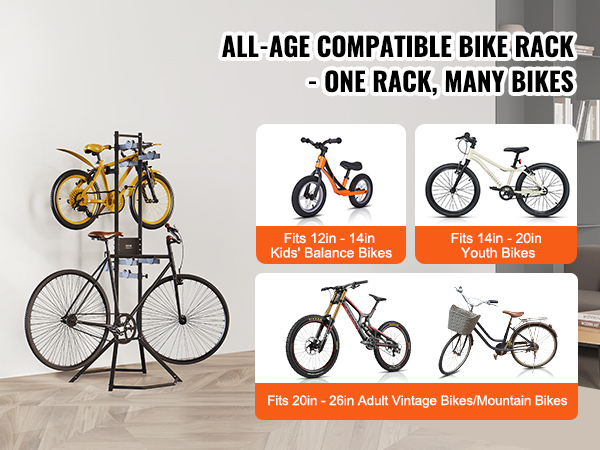 VEVOR bike storage rack holding a kid's bike and an adult bike in a modern living room setting.