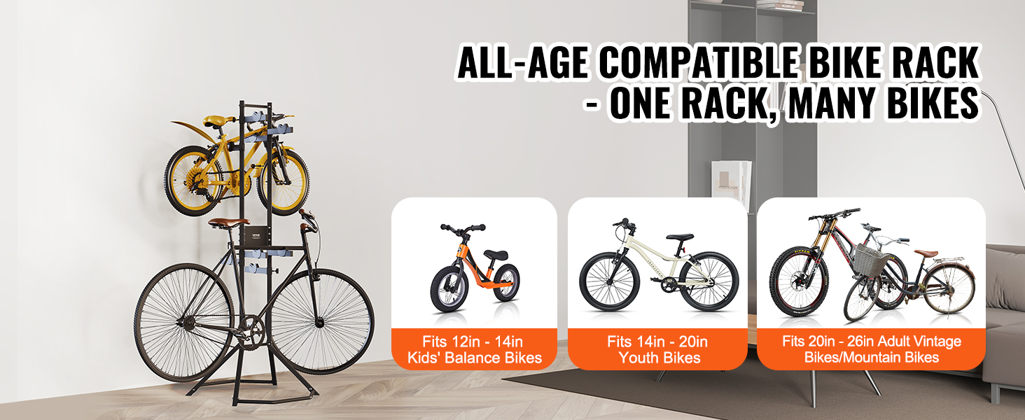 VEVOR bike storage rack holding a kid's bike and an adult bike in a modern living room setting.