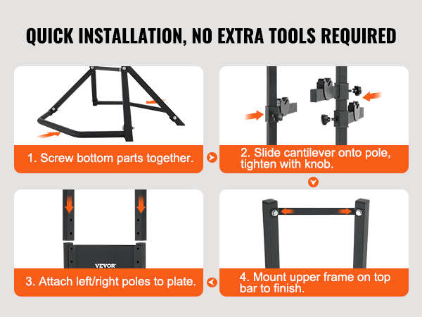 quick installation steps for VEVOR bike storage rack: screw parts, slide cantilever, attach poles, mount frame.