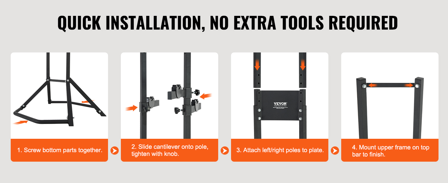 quick installation steps for VEVOR bike storage rack: screw parts, slide cantilever, attach poles, mount frame.