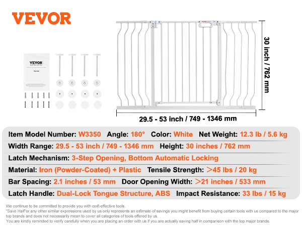 VEVOR baby gate, 30 inches tall, 29.5 to 53 inches wide, 3-step opening, dual-lock latch.