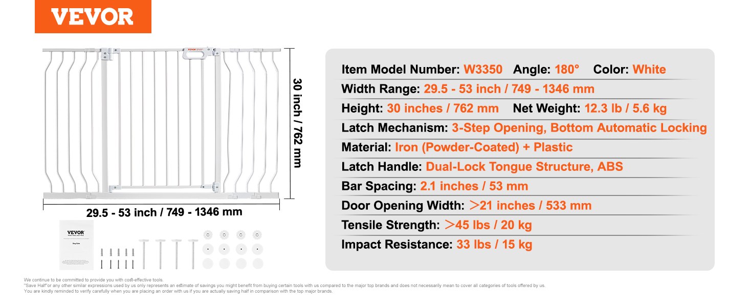 VEVOR baby gate, 30 inches tall, 29.5 to 53 inches wide, 3-step opening, dual-lock latch.