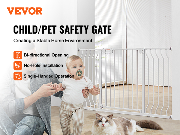VEVOR baby gate in a modern home with child and pet, highlighting bi-directional opening and no-hole installation.