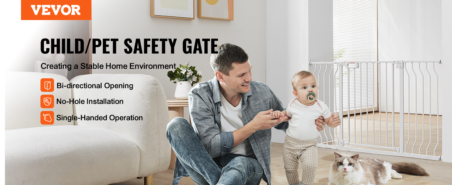 VEVOR baby gate in a modern home with child and pet, highlighting bi-directional opening and no-hole installation.