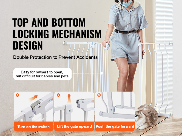 VEVOR baby gate with top and bottom locking mechanism, showcasing ease of use and pet safety features.
