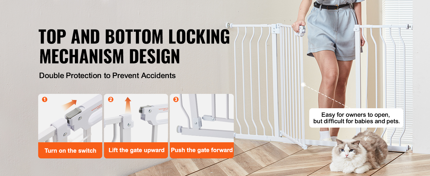 VEVOR baby gate with top and bottom locking mechanism, showcasing ease of use and pet safety features.