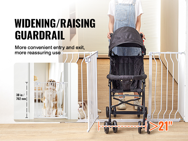 entry with stroller and pets behind VEVOR baby gate, showcasing 30 in height and over 21 in entry width.