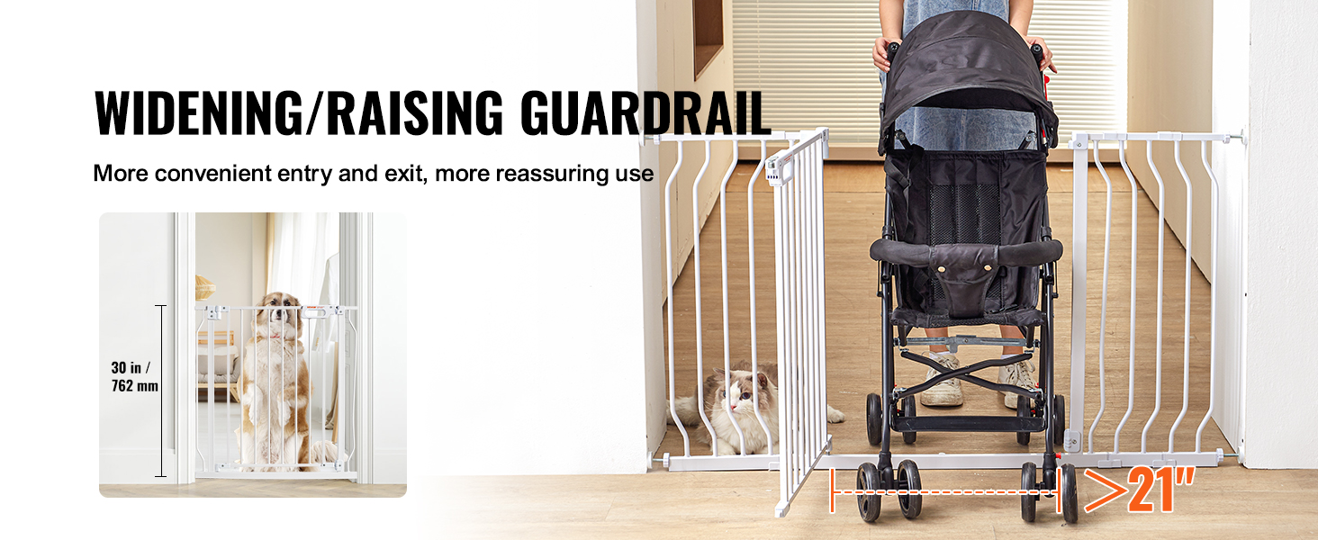 entry with stroller and pets behind VEVOR baby gate, showcasing 30 in height and over 21 in entry width.