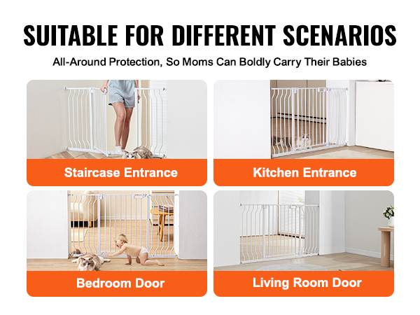 suitable for different scenarios: VEVOR baby gate at staircase, kitchen, bedroom, and living room doors.