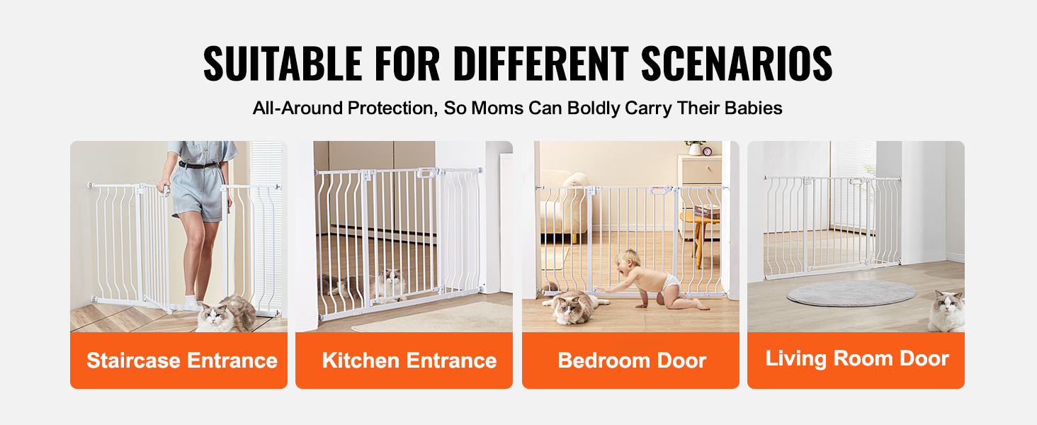 suitable for different scenarios: VEVOR baby gate at staircase, kitchen, bedroom, and living room doors.