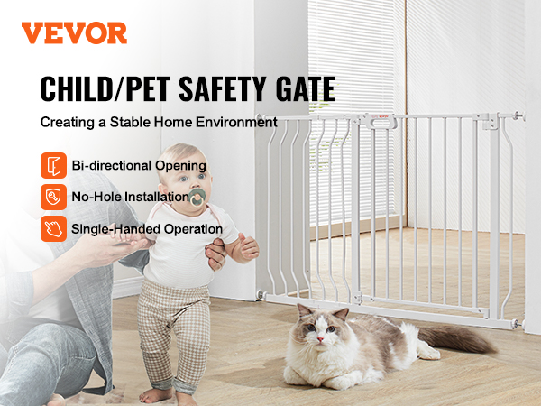 VEVOR baby gate in living room with child, adult, and cat, showcasing safety, no-hole installation, and bi-directional opening.