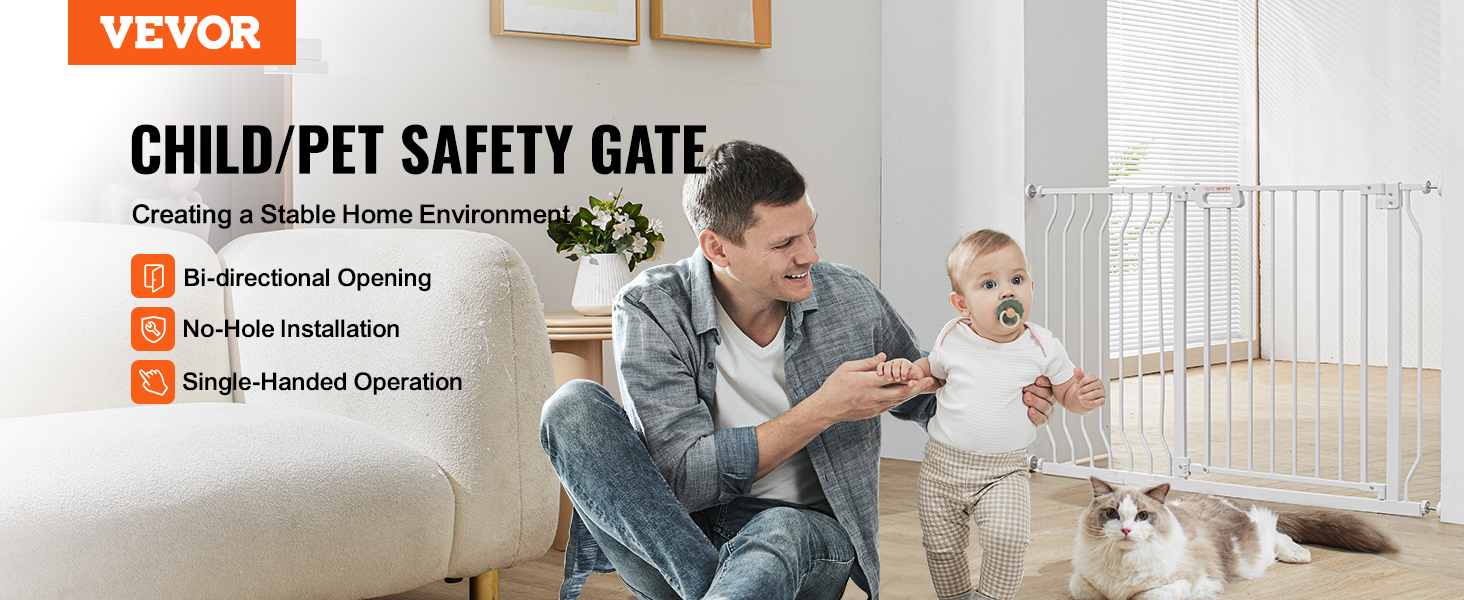VEVOR baby gate in living room with child, adult, and cat, showcasing safety, no-hole installation, and bi-directional opening.