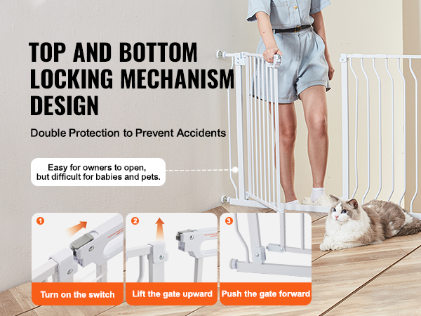 VEVOR baby gate with top and bottom locking mechanism, easy for adults, secure for babies and pets.