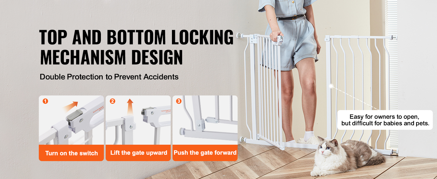 VEVOR baby gate with top and bottom locking mechanism, easy for adults, secure for babies and pets.