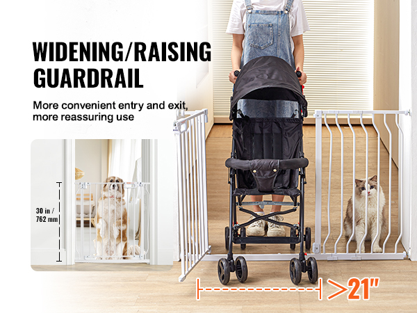 VEVOR baby gate with cat and stroller for easier and safer access, 30-inch height, >21-inch width.