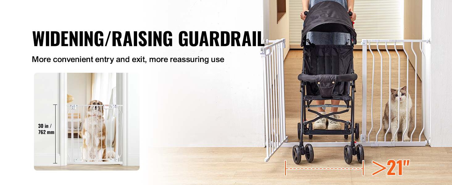 VEVOR baby gate with cat and stroller for easier and safer access, 30-inch height, >21-inch width.