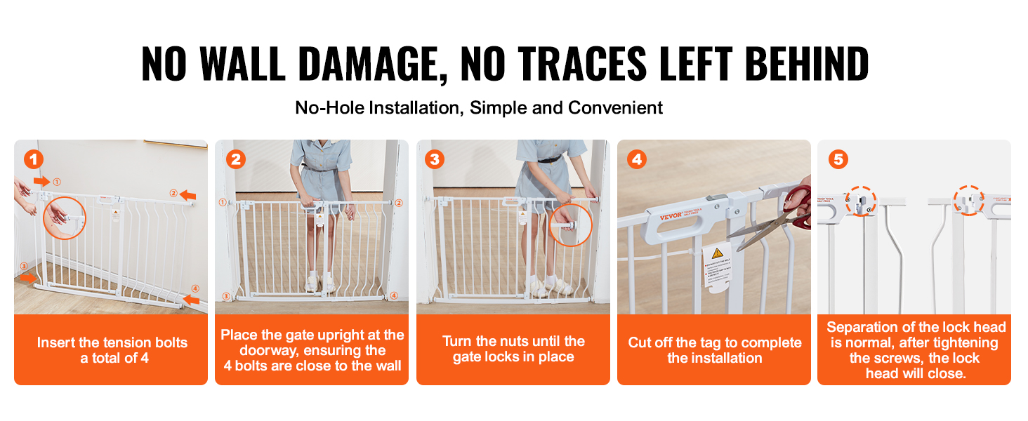 VEVOR baby gate installation steps: tension bolts, upright gate, tighten nuts, cut tag, secure lock head.