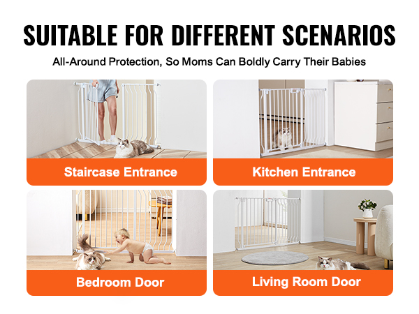 VEVOR baby gate protecting various entrances; staircase, kitchen, bedroom, and living room doors.