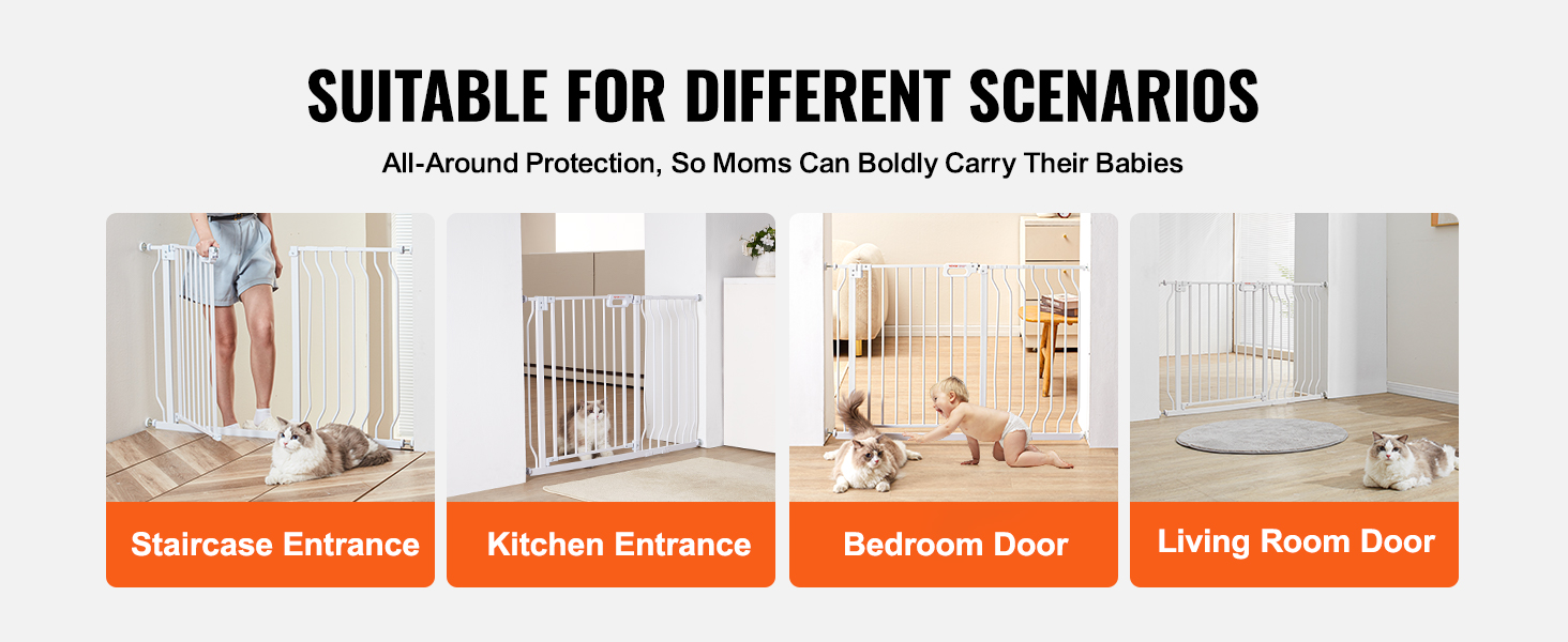 VEVOR baby gate protecting various entrances; staircase, kitchen, bedroom, and living room doors.