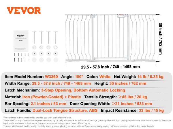 VEVOR baby gate in white, 29.5-57.8" width, 30" height, dual-lock latch, iron + plastic, includes accessories.