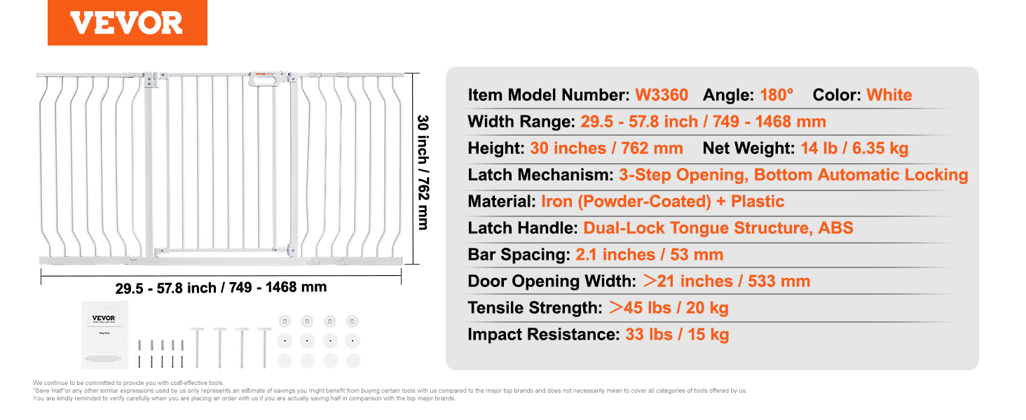 VEVOR baby gate in white, 29.5-57.8" width, 30" height, dual-lock latch, iron + plastic, includes accessories.