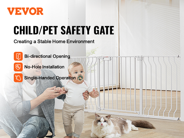 VEVOR baby gate: child/pet safety gate with bi-directional opening and no-hole installation.