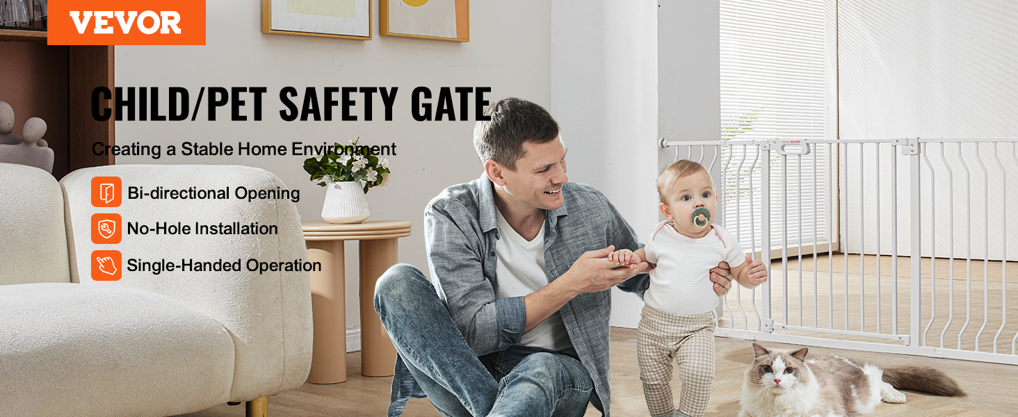 VEVOR baby gate: child/pet safety gate with bi-directional opening and no-hole installation.