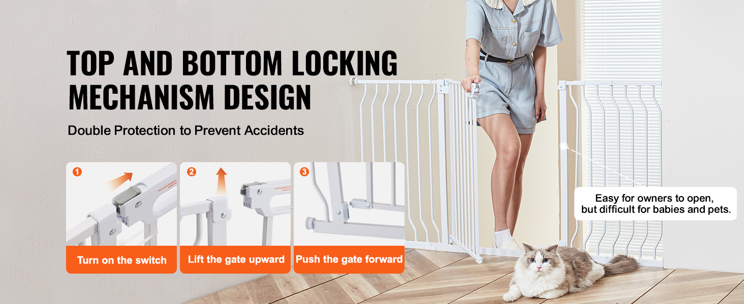 top and bottom locking mechanism design for VEVOR baby gate, easy for adults to open, secure for pets.