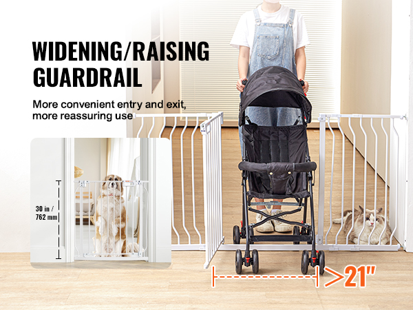 VEVOR baby gate with widening guardrail, 30-inch height, easy entry with stroller, and pet-friendly.