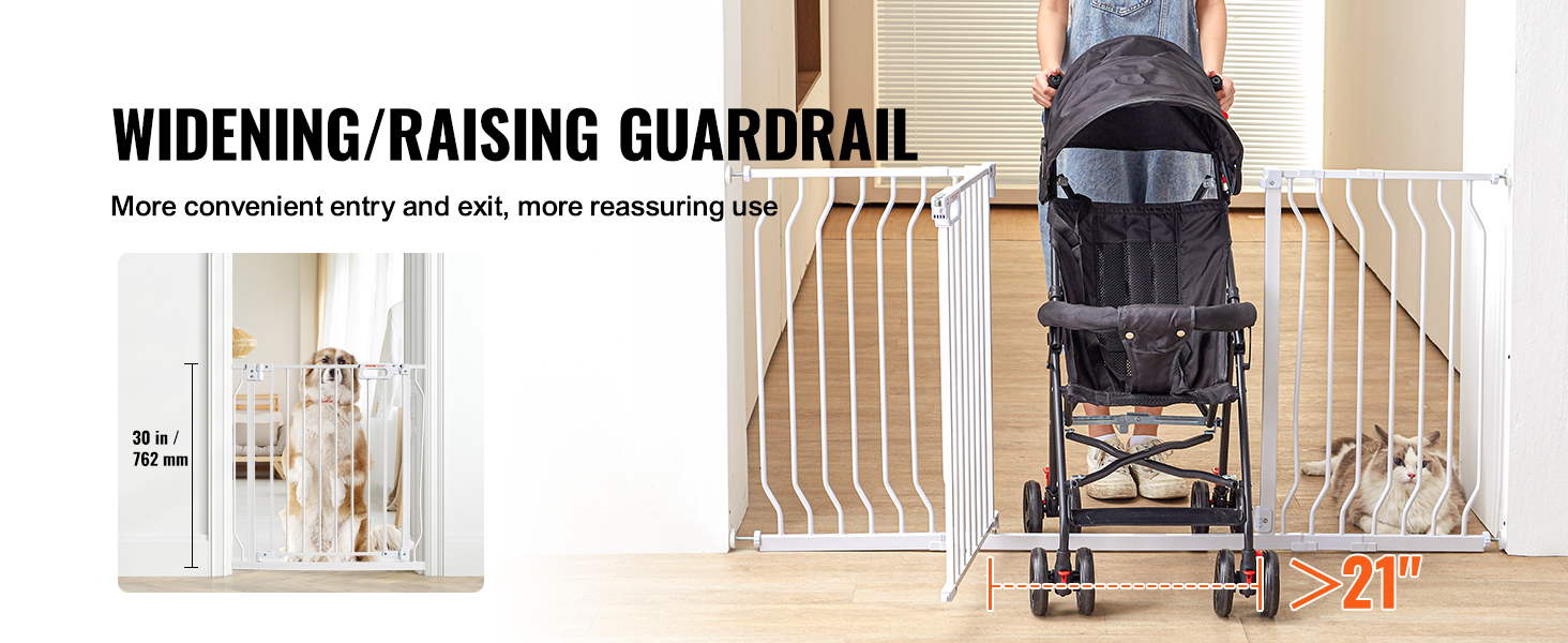 VEVOR baby gate with widening guardrail, 30-inch height, easy entry with stroller, and pet-friendly.
