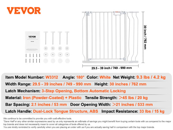 VEVOR baby gate, white, 29.5-48.4 inches width, 30 inches height, 3-step opening latch, iron and plastic.